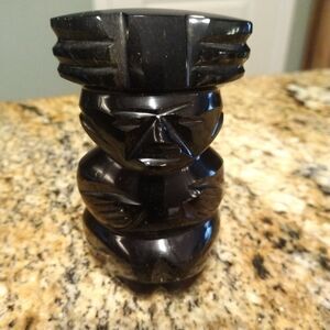 Vintage Black Gold Sheen Stone Hand Carved Aztec Mayan Figurine 3.5" Tall